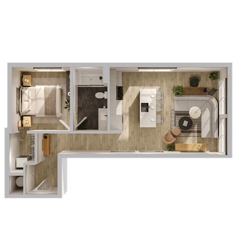 Floor plan for 1 bed, 1 bath, 642 sqft